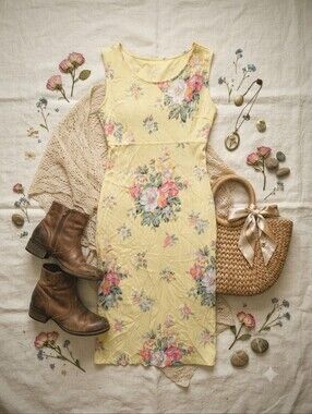 Vintage K Petite Yellow Floral Midi Sundress